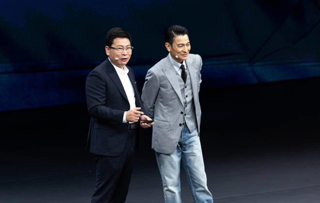 GUANGZHOU, CHINA - SEPTEMBER 07: Andy Lau, brand ambassador for Ultimate Design, speaks at the launch event for the Huawei tri-fold Mate XT 2 on September 7, 2026 in Guangzhou, Guangdong Province of China. Huawei released its latest tri-fold smartphone featuring a new generation chip.  Copyright: xVCGx 111664712395