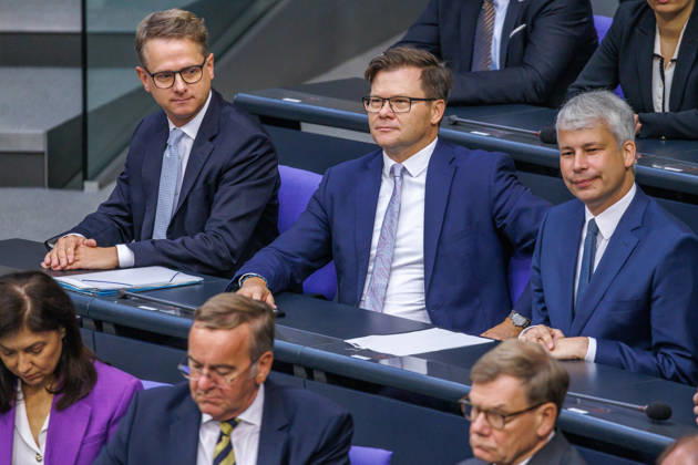German Bundestag: Dr. Carsten Linnemann, Federal Minister of Health; Carsten Schneider (SPD), Minister for the Environment, Climate Action, Nature Conservation, and Nuclear Safety; and Steffen Bilger, Federal Minister of Transportation, at the German Bundestag on September 8, 2026, in Berlin, Berlin, Germany, Bundestag