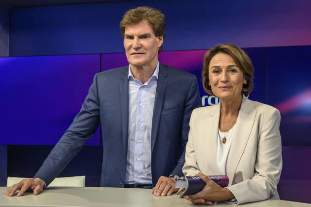 v l Carsten Maschmeyer, entrepreneur, with Sandra Maischberger, GER, Berlin, studio, guest on *Maischberger*, political talk show, TV, program, with host Sandra Maischberger, *Das Erste*, from Adlershof Am Studio 20, September 8, 2026, Copyright: HMBxMedia UwexKoch
