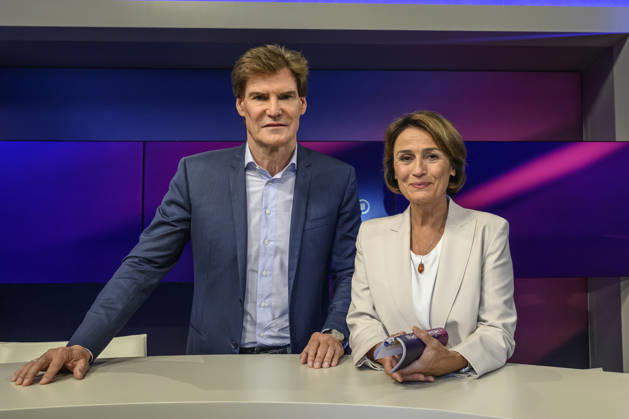 v l Carsten Maschmeyer, entrepreneur, with Sandra Maischberger, GER, Berlin, studio, guest on *Maischberger*, political talk show, TV, program, with host Sandra Maischberger, *Das Erste*, from Adlershof Am Studio 20, September 8, 2026, Copyright: HMBxMedia UwexKoch