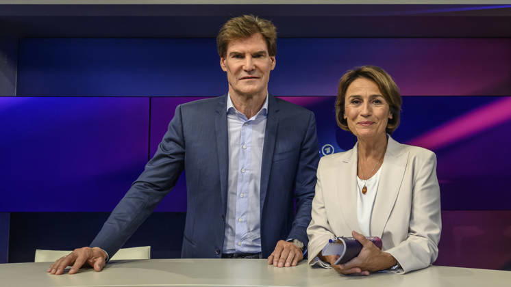 v l Carsten Maschmeyer, entrepreneur, with Sandra Maischberger, GER, Berlin, studio, guest on *Maischberger*, political talk show, TV, program, with host Sandra Maischberger, *Das Erste*, from Adlershof Am Studio 20, September 8, 2026, Copyright: HMBxMedia UwexKoch