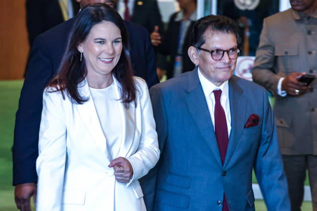 September 8, 2026, New York, New York, United States: KHALILUR RAHMAN, incoming President of the 81st session of the UN General Assembly, walks alongside outgoing President ANNALENA BAERBOCK as they make their way to the General Assembly stakeout following the gavel handover and closing of UNGA80 at UN Headquarters. New York United States  - ZUMAo116 20260908_znp_o116_051 Copyright: xBiancaxOterox