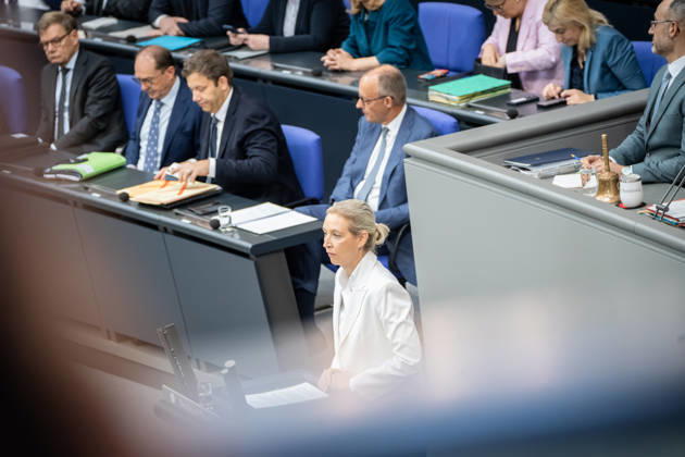 Alice Weidel of the AfD speaks before the German Bundestag during the budget debate; in the background, Chancellor Friedrich Merz. Budget debate in the German Bundestag, Berlin, Germany, Bundestag