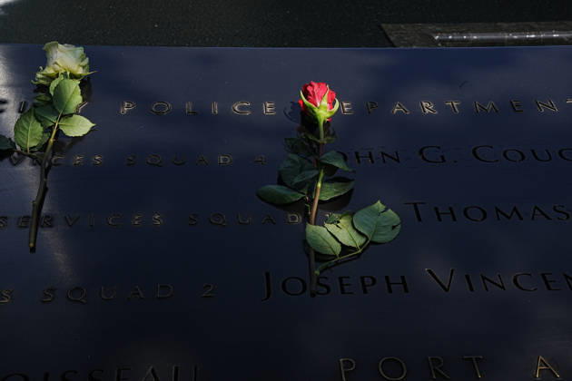 September 9, 2026, New York, New York, USA: A rose lays at the NYPD memorial along the South Tower reflecting pool ahead of the 25th anniversary of the attacks of September 11 at the 9 11 Memorial on September 9, 2026 in New York. New York USA - ZUMAb148 20260909_zap_b148_052 Copyright: xBryanxSmithx
