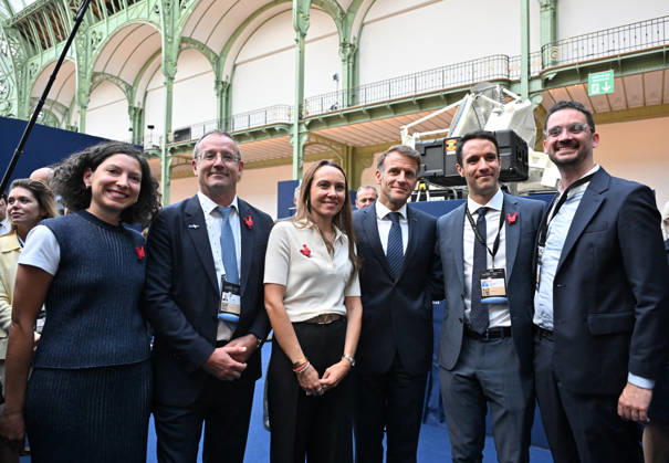 Jean François Fallacher, CEO of the French satellite operator Eutelsat; guest Emmanuel Macron, President of the French Republic; and the CEO of the French satellite communications services company Skynopy, Pierre Bertrand, along with guest Emmanuel Macron, President of the French Republic, at the International Space Summit on September 10, 2026, at the Grand Palais in Paris, on September 9, 2026. Nearly 1,100 companies from the space sector will also be present at the Grand Palais, demonstrating the exceptional mobilization of the global space ecosystem around this event, organized by France and Germany. The Summit will address all issues related to the development and innovation of the space sector through three key themes: 1) meeting the Copyright: xChristianxLiewigx xBestimagexChristianxLiewigx xBestimagex
