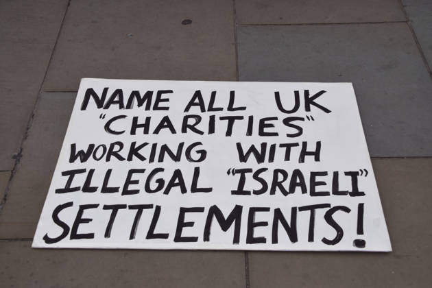 September 9, 2026, London, England, United Kingdom: A placard calls for the naming of all UK charities working with illegal Israeli settlements as protesters gather in Parliament Square in support of Palestine and against what the protesters call a pro-Israel and Zionist influence in UK politics. London United Kingdom - ZUMAv130 20260909_zip_v130_098 Copyright: xVukxValcicx
