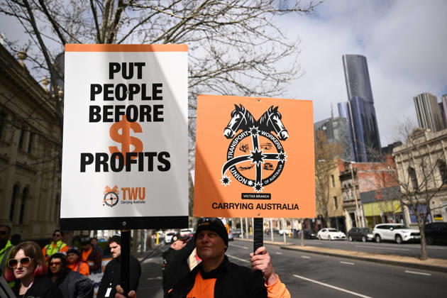 TWU STRIKE MELBOURNE, Transport Workers Union (TWU) members strike at Victorian Trades Hall in Carlton, Melbourne, Thursday, September 10, 2026. Thousands of transport workers start a 24-hour strike for a fight for safe, secure jobs. ( NO ARCHIVING MELBOURNE VICTORIA AUSTRALIA  Copyright: xJOELxCARRETTx 20260910138142524661