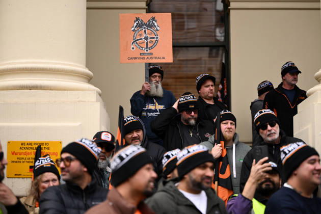 TWU STRIKE MELBOURNE, Transport Workers Union (TWU) members strike at Victorian Trades Hall in Carlton, Melbourne, Thursday, September 10, 2026. Thousands of transport workers start a 24-hour strike for a fight for safe, secure jobs. ( NO ARCHIVING MELBOURNE VICTORIA AUSTRALIA  Copyright: xJOELxCARRETTx 20260910142180687143