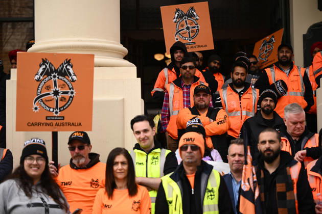TWU STRIKE MELBOURNE, Transport Workers Union (TWU) members strike at Victorian Trades Hall in Carlton, Melbourne, Thursday, September 10, 2026. Thousands of transport workers start a 24-hour strike for a fight for safe, secure jobs. ( NO ARCHIVING MELBOURNE VICTORIA AUSTRALIA  Copyright: xJOELxCARRETTx 20260910182549538973