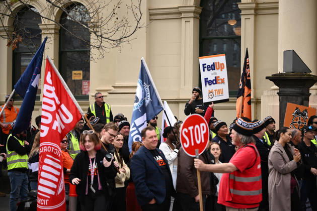 TWU STRIKE MELBOURNE, Transport Workers Union (TWU) members strike at Victorian Trades Hall in Carlton, Melbourne, Thursday, September 10, 2026. Thousands of transport workers start a 24-hour strike for a fight for safe, secure jobs. ( NO ARCHIVING MELBOURNE VICTORIA AUSTRALIA  Copyright: xJOELxCARRETTx 20260910130350848640