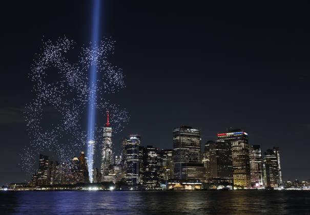 A light installation in the shape of the Twin Towers is illuminated with drones over One World Trade Center and the Manhattan skyline in the days leading up to the 25th anniversary of the 9 11 terrorist attacks on the World Trade Center in New York City on Wednesday, September 9, 2026. A public art installation designed in conjunction with representatives of the family, survivor, responder community was unveiled over New York Harbor, originating from Governor s Island. 2977 Lights Over New York Harbor is a sponsored project of New York Foundation of the Arts.  NYP20260909103 JOHNxANGELILLO