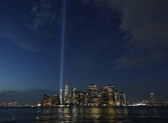The Twin Towers Tribute In Light art installation shines in Lower Manhattan near One World Trade Center in the days leading up to the 25th anniversary of the 9 11 terrorist attacks on the World Trade Center in New York City on Wednesday, September 9, 2026.  NYP20260909106 JOHNxANGELILLO
