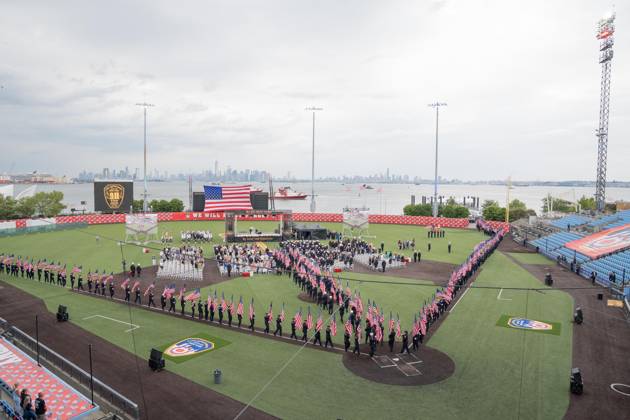 September 9, 2026, New York, New York, USA: Members of FDNY walked with 343 American flags for each member who sacrificed their live on September 11, 2001 during memorial service to commemorate 25th anniversary of terrorist attack on World Trade Center in New York. Service was held at FerryHawks Stadium of Staten Island Borough, New York, NY on September 9, 2026. FDNY members, families of those how perished on that day and who died after of illnesses related to their work in the rescue and recovery efforts, members of fire departments from around the country as well as firefighters from Italy and France attended the service. New York USA - ZUMAr339 20260909_znp_r339_003 Copyright: xLevxRadinx
