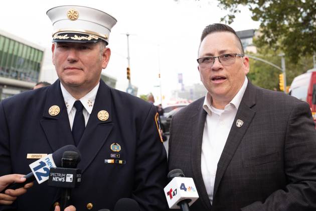 September 9, 2026, New York, New York, USA: Chief of the Department John Esposito and Fire Commissioner Lillian Bonsignore speak to the press after memorial service to commemorate 25th anniversary of terrorist attack on World Trade Center in New York. Service was held at FerryHawks Stadium of Staten Island Borough, New York, NY on September 9, 2026. FDNY members, families of those how perished on that day and who died after of illnesses related to their work in the rescue and recovery efforts, members of fire departments from around the country as well as firefighters from Italy and France attended the service. New York USA - ZUMAr339 20260909_znp_r339_018 Copyright: xLevxRadinx