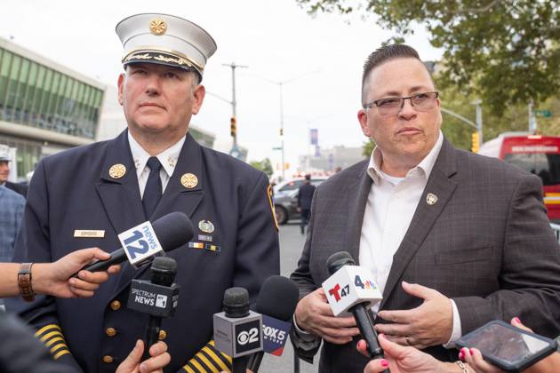 September 9, 2026, New York, New York, USA: Chief of the Department John Esposito and Fire Commissioner Lillian Bonsignore speak to the press after memorial service to commemorate 25th anniversary of terrorist attack on World Trade Center in New York. Service was held at FerryHawks Stadium of Staten Island Borough, New York, NY on September 9, 2026. FDNY members, families of those how perished on that day and who died after of illnesses related to their work in the rescue and recovery efforts, members of fire departments from around the country as well as firefighters from Italy and France attended the service. New York USA - ZUMAr339 20260909_znp_r339_019 Copyright: xLevxRadinx