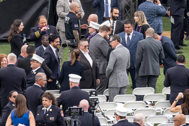 September 9, 2026, Bronx, New York, USA: Mayor Zohran Mamdani, Fire Commissioner Lillian Bonsignore and former Fire Commissioner Michael Nigro attend memorial service to commemorate 25th anniversary of terrorist attack on World Trade Center in New York. Service was held at FerryHawks Stadium of Staten Island Borough, New York, NY on September 9, 2026. FDNY members, families of those how perished on that day and who died after of illnesses related to their work in the rescue and recovery efforts, members of fire departments from around the country as well as firefighters from Italy and France attended the service. Bronx USA - ZUMAr339 20260909_znp_r339_020 Copyright: xLevxRadinx