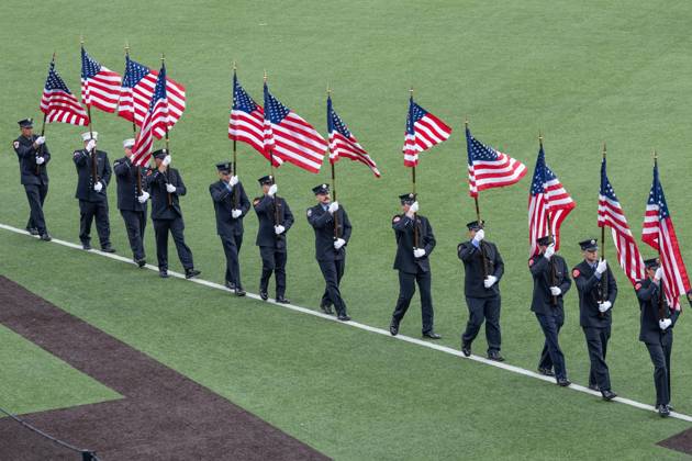 September 9, 2026, New York, New York, USA: Members of FDNY walked with 343 American flags for each member who sacrificed their live on September 11, 2001 during memorial service to commemorate 25th anniversary of terrorist attack on World Trade Center in New York. Service was held at FerryHawks Stadium of Staten Island Borough, New York, NY on September 9, 2026. FDNY members, families of those how perished on that day and who died after of illnesses related to their work in the rescue and recovery efforts, members of fire departments from around the country as well as firefighters from Italy and France attended the service. New York USA - ZUMAr339 20260909_znp_r339_023 Copyright: xLevxRadinx