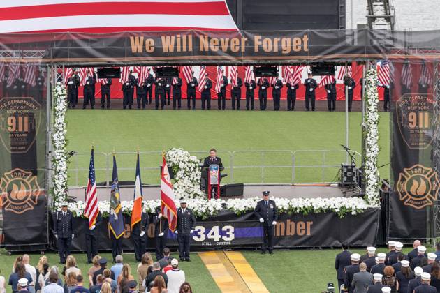September 9, 2026, Bronx, New York, USA: Chief FDNY Chaplain Rabbi Joseph Potasnik delivers invocation during memorial service to commemorate 25th anniversary of terrorist attack on World Trade Center in New York. Service was held at FerryHawks Stadium of Staten Island Borough, New York, NY on September 9, 2026. FDNY members, families of those how perished on that day and who died after of illnesses related to their work in the rescue and recovery efforts, members of fire departments from around the country as well as firefighters from Italy and France attended the service. Bronx USA - ZUMAr339 20260909_znp_r339_026 Copyright: xLevxRadinx