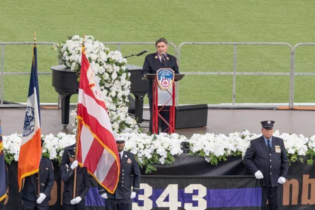September 9, 2026, New York, New York, USA: Chief FDNY Chaplain Rabbi Joseph Potasnik delivers invocation during memorial service to commemorate 25th anniversary of terrorist attack on World Trade Center in New York. Service was held at FerryHawks Stadium of Staten Island Borough, New York, NY on September 9, 2026. FDNY members, families of those how perished on that day and who died after of illnesses related to their work in the rescue and recovery efforts, members of fire departments from around the country as well as firefighters from Italy and France attended the service. New York USA - ZUMAr339 20260909_znp_r339_027 Copyright: xLevxRadinx