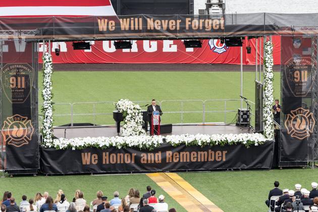 September 9, 2026, New York, New York, USA: Fire Commissioner Lillian Bonsignore speaks during memorial service to commemorate 25th anniversary of terrorist attack on World Trade Center in New York. Service was held at FerryHawks Stadium of Staten Island Borough, New York, NY on September 9, 2026. FDNY members, families of those how perished on that day and who died after of illnesses related to their work in the rescue and recovery efforts, members of fire departments from around the country as well as firefighters from Italy and France attended the service. New York USA - ZUMAr339 20260909_znp_r339_028 Copyright: xLevxRadinx