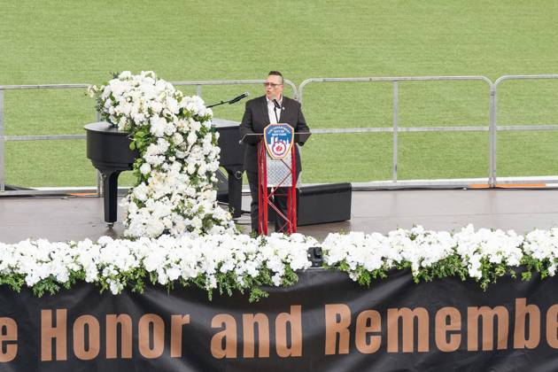 September 9, 2026, New York, New York, USA: Fire Commissioner Lillian Bonsignore speaks during memorial service to commemorate 25th anniversary of terrorist attack on World Trade Center in New York. Service was held at FerryHawks Stadium of Staten Island Borough, New York, NY on September 9, 2026. FDNY members, families of those how perished on that day and who died after of illnesses related to their work in the rescue and recovery efforts, members of fire departments from around the country as well as firefighters from Italy and France attended the service. New York USA - ZUMAr339 20260909_znp_r339_029 Copyright: xLevxRadinx