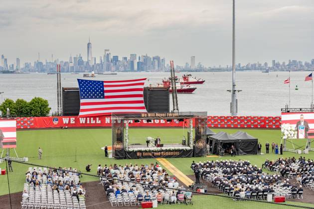 September 9, 2026, New York, New York, USA: Fire Commissioner Lillian Bonsignore speaks during memorial service to commemorate 25th anniversary of terrorist attack on World Trade Center in New York. Service was held at FerryHawks Stadium of Staten Island Borough, New York, NY on September 9, 2026. FDNY members, families of those how perished on that day and who died after of illnesses related to their work in the rescue and recovery efforts, members of fire departments from around the country as well as firefighters from Italy and France attended the service. New York USA - ZUMAr339 20260909_znp_r339_030 Copyright: xLevxRadinx