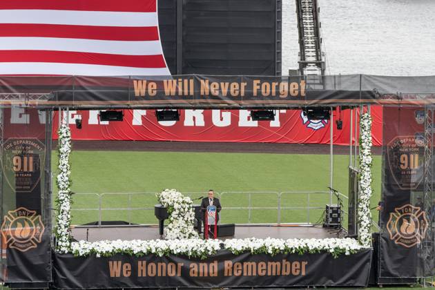 September 9, 2026, New York, New York, USA: Fire Commissioner Lillian Bonsignore speaks during memorial service to commemorate 25th anniversary of terrorist attack on World Trade Center in New York. Service was held at FerryHawks Stadium of Staten Island Borough, New York, NY on September 9, 2026. FDNY members, families of those how perished on that day and who died after of illnesses related to their work in the rescue and recovery efforts, members of fire departments from around the country as well as firefighters from Italy and France attended the service. New York USA - ZUMAr339 20260909_znp_r339_031 Copyright: xLevxRadinx