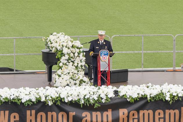 September 9, 2026, New York, New York, USA: FDNY Chief of the Department John Esposito speaks during memorial service to commemorate 25th anniversary of terrorist attack on World Trade Center in New York. Service was held at FerryHawks Stadium of Staten Island Borough, New York, NY on September 9, 2026. FDNY members, families of those how perished on that day and who died after of illnesses related to their work in the rescue and recovery efforts, members of fire departments from around the country as well as firefighters from Italy and France attended the service. New York USA - ZUMAr339 20260909_znp_r339_032 Copyright: xLevxRadinx