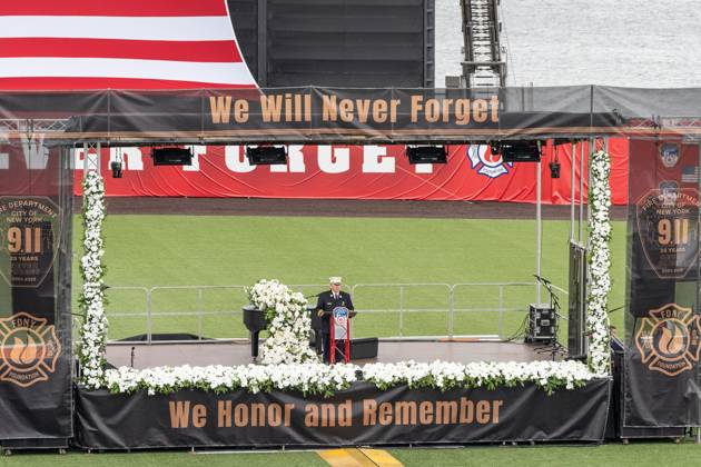 September 9, 2026, New York, New York, USA: FDNY Chief of the Department John Esposito speaks during memorial service to commemorate 25th anniversary of terrorist attack on World Trade Center in New York. Service was held at FerryHawks Stadium of Staten Island Borough, New York, NY on September 9, 2026. FDNY members, families of those how perished on that day and who died after of illnesses related to their work in the rescue and recovery efforts, members of fire departments from around the country as well as firefighters from Italy and France attended the service. New York USA - ZUMAr339 20260909_znp_r339_033 Copyright: xLevxRadinx