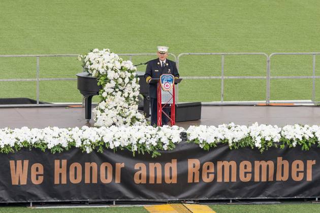 September 9, 2026, New York, New York, USA: FDNY Chief of the Department John Esposito speaks during memorial service to commemorate 25th anniversary of terrorist attack on World Trade Center in New York. Service was held at FerryHawks Stadium of Staten Island Borough, New York, NY on September 9, 2026. FDNY members, families of those how perished on that day and who died after of illnesses related to their work in the rescue and recovery efforts, members of fire departments from around the country as well as firefighters from Italy and France attended the service. New York USA - ZUMAr339 20260909_znp_r339_034 Copyright: xLevxRadinx