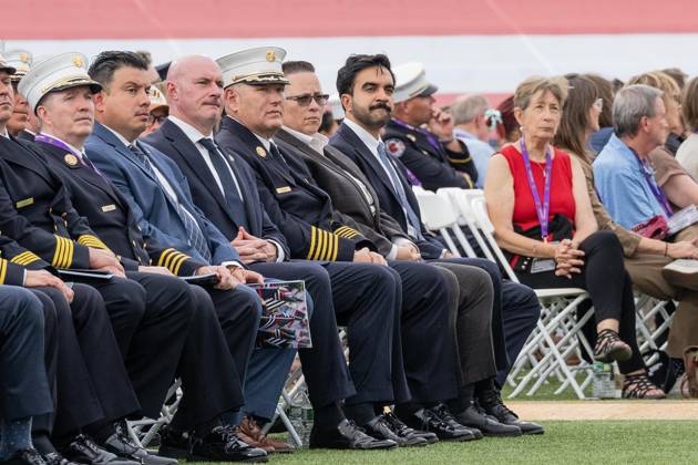 September 9, 2026, New York, New York, USA: FDNY Chief of the Department John Esposito, Fire Commissioner Lillian Bonsignore and mayor Zohran Mamdani attend memorial service to commemorate 25th anniversary of terrorist attack on World Trade Center in New York. Service was held at FerryHawks Stadium of Staten Island Borough, New York, NY on September 9, 2026. FDNY members, families of those how perished on that day and who died after of illnesses related to their work in the rescue and recovery efforts, members of fire departments from around the country as well as firefighters from Italy and France attended the service. New York USA - ZUMAr339 20260909_znp_r339_038 Copyright: xLevxRadinx
