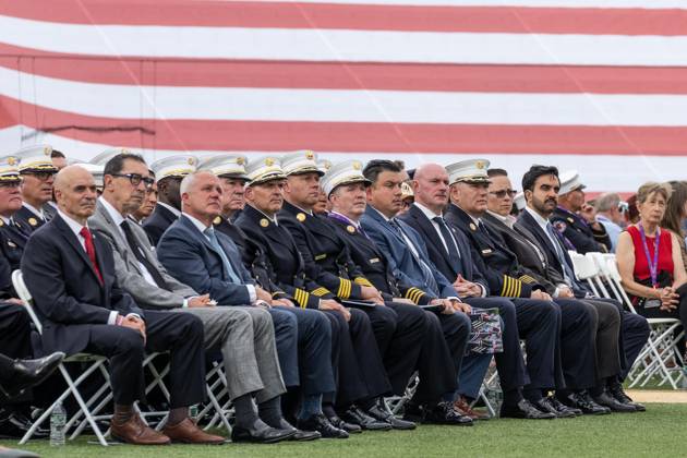 September 9, 2026, New York, New York, USA: FDNY Chief of the Department John Esposito, Fire Commissioner Lillian Bonsignore and mayor Zohran Mamdani attend memorial service to commemorate 25th anniversary of terrorist attack on World Trade Center in New York. Service was held at FerryHawks Stadium of Staten Island Borough, New York, NY on September 9, 2026. FDNY members, families of those how perished on that day and who died after of illnesses related to their work in the rescue and recovery efforts, members of fire departments from around the country as well as firefighters from Italy and France attended the service. New York USA - ZUMAr339 20260909_znp_r339_039 Copyright: xLevxRadinx