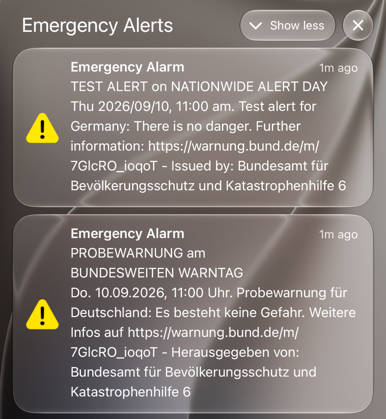 Germany, Europe: A smartphone displays several cell broadcast test alerts on the lock screen during the nationwide warning day. The alerts from the Federal Office for Civil Protection and Disaster Assistance (BBK) are displayed in German and English and indicate that this is a test alert Copyright: xAymanxAlahmedx