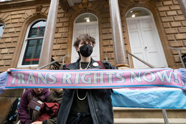 September 10, 2026, Glasgow, Scotland, UK: Transgender rights activists and allies held a protest outside the Glasgow office of the Equality and Human Rights Commission, opposing its ongoing stance, final proposals and guidance concerning the exclusion of transgender people from single-sex spaces and gendered services. Organised by Trans Weans Wont Wheesht, campaigners called on the equalities watchdog to respect trans rights and urged further outreach to local politicians. Glasgow UK - ZUMAs357 20260910_zip_s357_001 Copyright: xCameronxScottx