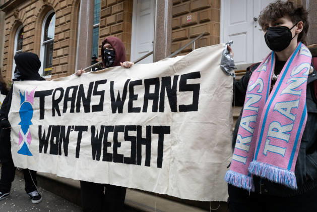 September 10, 2026, Glasgow, Scotland, UK: Transgender rights activists and allies held a protest outside the Glasgow office of the Equality and Human Rights Commission, opposing its ongoing stance, final proposals and guidance concerning the exclusion of transgender people from single-sex spaces and gendered services. Organised by Trans Weans Wont Wheesht, campaigners called on the equalities watchdog to respect trans rights and urged further outreach to local politicians. Glasgow UK - ZUMAs357 20260910_zip_s357_003 Copyright: xCameronxScottx