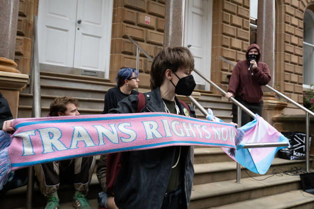 September 10, 2026, Glasgow, Scotland, UK: Transgender rights activists and allies held a protest outside the Glasgow office of the Equality and Human Rights Commission, opposing its ongoing stance, final proposals and guidance concerning the exclusion of transgender people from single-sex spaces and gendered services. Organised by Trans Weans Wont Wheesht, campaigners called on the equalities watchdog to respect trans rights and urged further outreach to local politicians. Glasgow UK - ZUMAs357 20260910_zip_s357_004 Copyright: xCameronxScottx