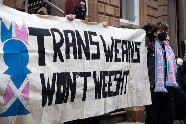 September 10, 2026, Glasgow, Scotland, UK: Transgender rights activists and allies held a protest outside the Glasgow office of the Equality and Human Rights Commission, opposing its ongoing stance, final proposals and guidance concerning the exclusion of transgender people from single-sex spaces and gendered services. Organised by Trans Weans Wont Wheesht, campaigners called on the equalities watchdog to respect trans rights and urged further outreach to local politicians. Glasgow UK - ZUMAs357 20260910_zip_s357_007 Copyright: xCameronxScottx