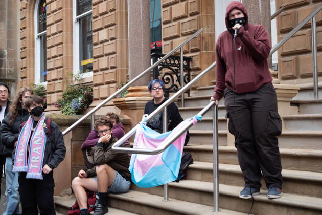 September 10, 2026, Glasgow, Scotland, UK: Transgender rights activists and allies held a protest outside the Glasgow office of the Equality and Human Rights Commission, opposing its ongoing stance, final proposals and guidance concerning the exclusion of transgender people from single-sex spaces and gendered services. Organised by Trans Weans Wont Wheesht, campaigners called on the equalities watchdog to respect trans rights and urged further outreach to local politicians. Glasgow UK  - ZUMAs357 20260910_zip_s357_008 Copyright: xCameronxScottx