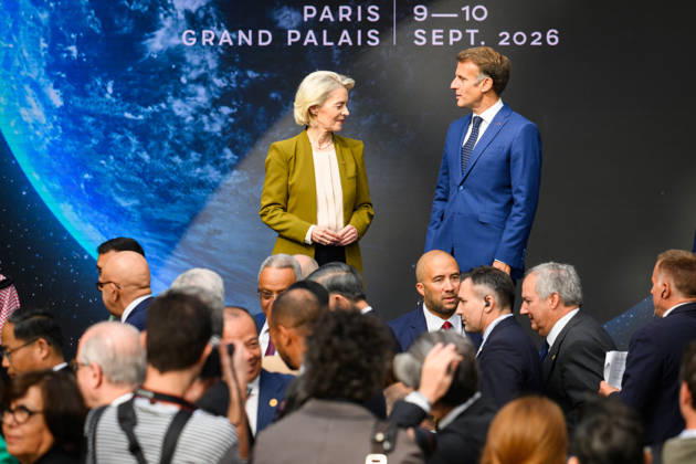 SIE International Space Summit - Paris Ursula von der Leyen, President of the European Commission, and French President Emmanuel Macron, attend the International Space Summit at Grand Palais in Paris, France on September 10, 2026. Photo by Eric Tschaen Pool ABACAPRESS.COM Paris France  Copyright: xTschaenxEric Pool ABACAx
