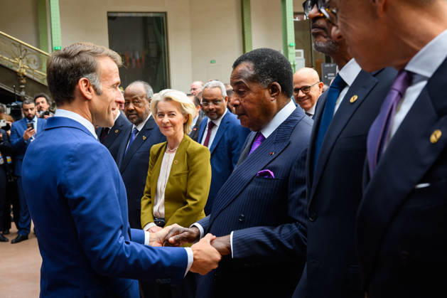 SIE International Space Summit - Paris French President Emmanuel Macron, greets Denis Sassou Nguesso, President of Congo, during the International Space Summit at Grand Palais in Paris, France on April 14, 2026. Photo by Eric Tschaen Pool ABACAPRESS.COM Paris IDF France  Copyright: xTschaenxEric Pool ABACAx