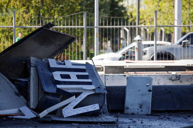 The aftermath of a Russian drone strike on a petrol station is pictured in the Holosiivskyi district of Kyiv, Ukraine, September 10, 2026. Russian forces targeted the petrol station, injuring four people. A car caught fire on the premises, and a public transport stop was also damaged. (Photo by Marianna Kotyk Ukrinform) Russian drone strikes petrol station in Kyiv’s Holosiivskyi district  Copyright: xMariannaxKotykx