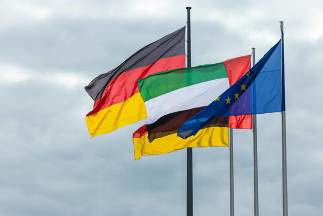 State visit by His Highness the President of the United Arab Emirates, Sheikh Mohammed bin Zayed Al Nahyan, to the Federal Republic of Germany, Berlin, on September 10, 2026. The flags of Germany, the United Arab Emirates, and the European Union are fluttering in the wind.
