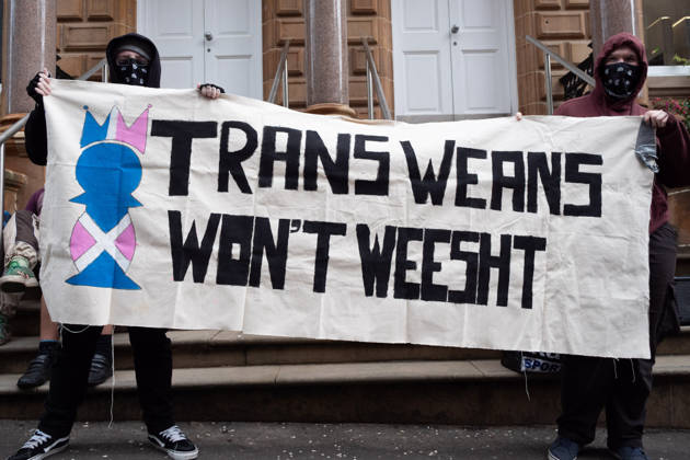 September 10, 2026, Glasgow, Scotland, UK: Transgender rights activists and allies held a protest outside the Glasgow office of the Equality and Human Rights Commission, opposing its ongoing stance, final proposals and guidance concerning the exclusion of transgender people from single-sex spaces and gendered services. Organised by Trans Weans Wont Wheesht, campaigners called on the equalities watchdog to respect trans rights and urged further outreach to local politicians. Glasgow UK - ZUMAs357 20260910_zip_s357_005 Copyright: xCameronxScottx