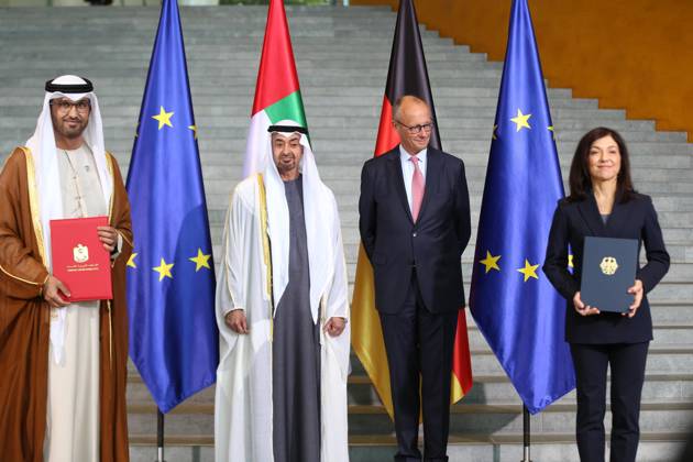 Berlin, Germany, September 10, 2026, Federal Chancellery: State Visit—S.H. the President of the United Arab Emirates (L.R.), UAE Minister of Industry Sultan bin Ahmad Sultan Al Jaber, Sheikh Muhammad bin Zayid Al Nahyan, Federal Chancellor Friedrich Merz, and Minister of Economic Affairs Katherina Reiche Copyright: xdtsxNachrichtenagenturx dts_134023