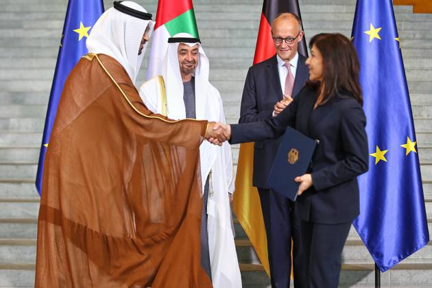 Berlin, Germany, September 10, 2026, Federal Chancellery: State visit by His Highness the President of the United Arab Emirates (left to right): UAE Minister of Industry Sultan bin Ahmad Sultan Al Jaber, Sheikh Muhammad bin Zayid Al Nahyan, Federal Chancellor Friedrich Merz, and Minister of Economic Affairs Katherina Reiche Copyright: xdtsxNachrichtenagenturx dts_134025