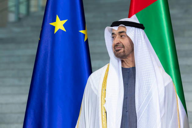 State visit by His Highness the President of the United Arab Emirates, Sheikh Mohammed bin Zayed Al Nahyan, to the Federal Republic of Germany, Berlin, September 10, 2026: The President of the United Arab Emirates, Sheikh Mohammed bin Zayed Al Nahyan, stands in front of the flags of the European Union and the United Arab