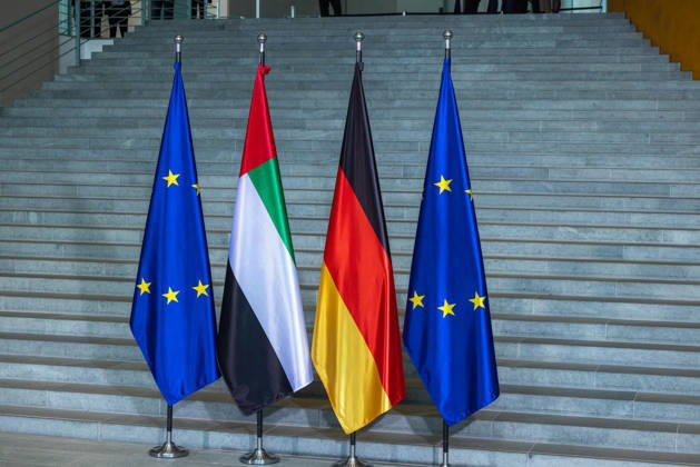 State visit by His Highness the President of the United Arab Emirates, Sheikh Mohammed bin Zayed Al Nahyan, to the Federal Republic of Germany, Berlin, September 10, 2026. The flags of the European Union, the United Arab Emirates, and Germany
