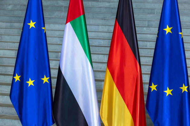 State visit by His Highness Sheikh Mohammed bin Zayed Al Nahyan, President of the United Arab Emirates, to the Federal Republic of Germany, Berlin, September 10, 2026. The flags of the European Union, the United Arab Emirates, and Germany stan