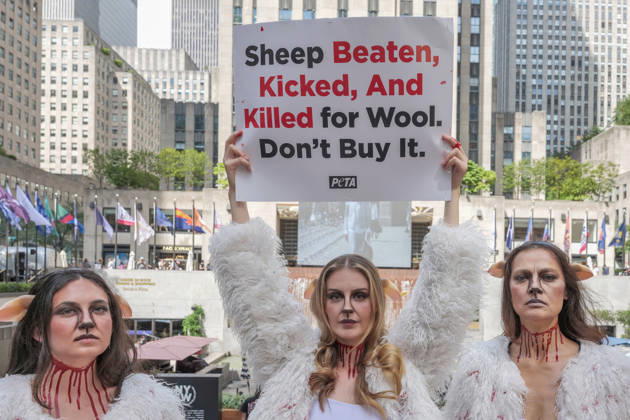 September 10, 2026, New York, New York, USA: PETA protests NYFW at Rockefeller Center with a grisly display dressed.as bruised and bloody sheep outside the venue with lifelike dead lambs.and the message Wool Kills . The graphic protest over wool farms cruelty claims .inhumane wool shearing and terrified sheep. New York USA  - ZUMAh156 20260910_znp_h156_001 Copyright: xMiloxHessx
