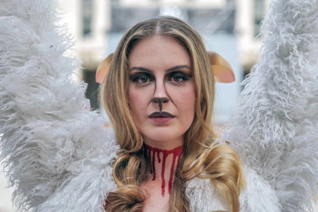 September 10, 2026, New York, New York, USA: PETA protests NYFW at Rockefeller Center with a grisly display dressed.as bruised and bloody sheep outside the venue with lifelike dead lambs.and the message Wool Kills . The graphic protest over wool farms cruelty claims .inhumane wool shearing and terrified sheep. New York USA  - ZUMAh156 20260910_znp_h156_006 Copyright: xMiloxHessx